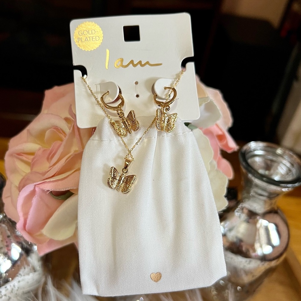 I Am Jewelry Gold Plated Butterfly Necklace and Earrings set